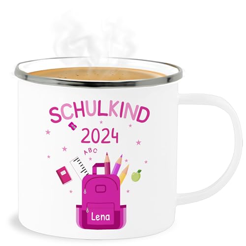 Emaille Becher Blechbecher - Einschulung Schulanfang Tasse - Schulkind 2024-300 ml - Weiß Silber - schul endlich schuleinführung schule drauf personalisierte schulkinder bin ich ein einschulungs von Geschenk mit Namen personalisiert by Shirtracer