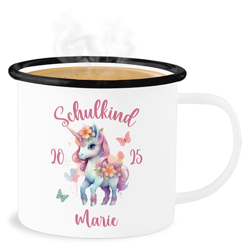 Emaille Becher Blechbecher - Einschulung Schulanfang Tasse - Schulkind 2025 Einhorn Unicorn - 300 ml - Weiß Schwarz - 2023 schulanfänger zur blech namenstasse einschulung-schulkind von Geschenk mit Namen personalisiert by Shirtracer