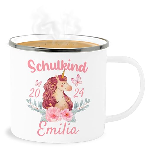 Emaille Becher Blechbecher - Einschulung Schulanfang Tasse - Schulkind Einhorn 2024-300 ml - Weiß Silber - ich starte in die schule schuleinführung schulkinder jetzt personalisierte schul name von Geschenk mit Namen personalisiert by Shirtracer