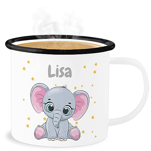 Geschenk mit Namen personalisiert by Shirtracer Emaille Becher Blechbecher - Süßer Elefant Elefanten Elefantenkuh Elefantenmotiv - 300 ml - Weiß Schwarz - elephant geschenke und name von Geschenk mit Namen personalisiert by Shirtracer