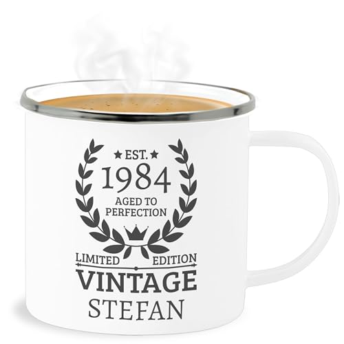 Emaille Becher Blechbecher - 40. Geburtstag - Tasse - Est.1984 Aged to perfection Limited Edition - 300 ml - Weiß Silber - 40 jahre name vintage 1983 zum 40.geburtstag vierzigster vierzigsten years von Geschenk mit Namen personalisiert by Shirtracer