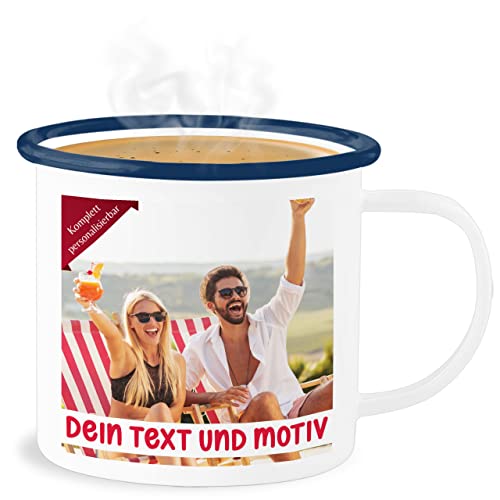 Emaille Becher Blechbecher - Bild - Eigenem Foto Geschenk - 300 ml - Weiß Blau - selber bedrucken fototasse gestalten tasse fotogeschenke anfertigen drucken druck personalisierter bilder drucker von Geschenk mit Namen personalisiert by Shirtracer