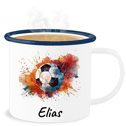 Emaille Becher Blechbecher - Fußball Fußballer Fußballfan Fußballerin Geschenk - 300 ml - Weiß Blau - fussball tasse geschenke jungen für fussballfans fußballmotiv fussballfan name von Geschenk mit Namen personalisiert by Shirtracer