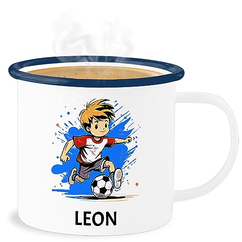 Emaille Becher Blechbecher - Fußball Junge Fußballer Geschenk Kinder Name - 300 ml - Weiß Blau - personalisierte geschenke fussball tasse jungen fußballmotiv für fussballfans personalisiertes von Geschenk mit Namen personalisiert by Shirtracer