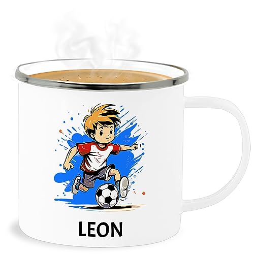 Emaille Becher Blechbecher - Fußball Junge Fußballer Geschenk Kinder Name - 300 ml - Weiß Silber - fussball tasse geschenke jungen fußballfans football fussballgeschenk fussballer fussballfan von Geschenk mit Namen personalisiert by Shirtracer