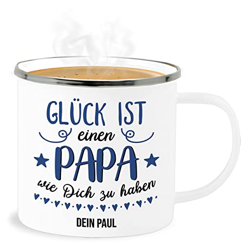 Emaille Becher Blechbecher - zum Vatertag - Glück ist einen Papa wie Dich zu haben - 300 ml - Weiß Silber - vatertagsgeschenk tasse geschenke vater papa... personalisierte personalisiertes für von Geschenk mit Namen personalisiert by Shirtracer