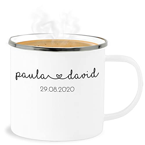 Emaille Becher Blechbecher - Hochzeit - Tassen - Partner Jahrestag Datum Hochzeitstag Verlobung - 300 ml - Weiß Silber - für paare tasse als pärchen personalisierte geschenke paar zur name von Geschenk mit Namen personalisiert by Shirtracer