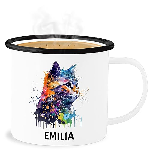 Emaille Becher Blechbecher - Katze Cat Citten Katzen Cats Katzenlieberhaber - 300 ml - Weiß Schwarz - katzenmotiv name katzenmotiven katzenliebhaber tasse süße personalisierte namens druck und von Geschenk mit Namen personalisiert by Shirtracer