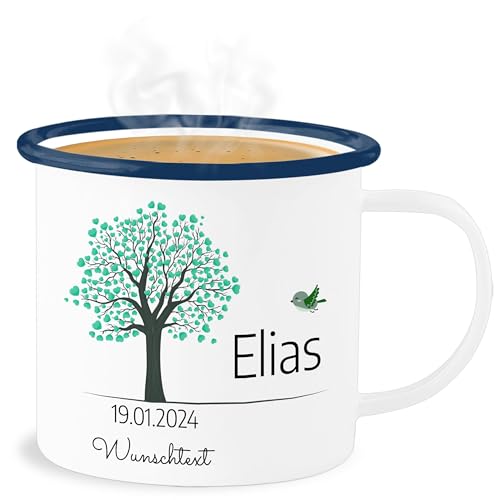 Emaille Becher Blechbecher - Lebensbaum Geburt I Taufe Geschenk Kommunion I Datum - 300 ml - Weiß Blau - tasse konfirmation konfirmations tassen geschirr taufgeschenke zur kinder taufgeschenk baum von Geschenk mit Namen personalisiert by Shirtracer