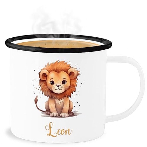 Emaille Becher Blechbecher - Löwen - Zootiere - Löwe König der Tiere Leu - 300 ml - Weiß Schwarz - löwenmotiv leon tasse tier tassen lion leo süßer und wunschtext personalisiertes name von Geschenk mit Namen personalisiert by Shirtracer