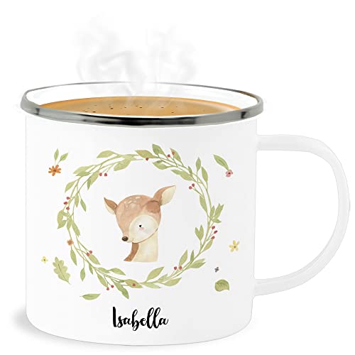 Emaille Becher Blechbecher - Süßes Reh Name Geschenk Geschenkidee - 300 ml - Weiß Silber - mädchen tier waldtiere personalisierte kinder geschenke rehe tieren tiere rehkitz von Geschenk mit Namen personalisiert by Shirtracer