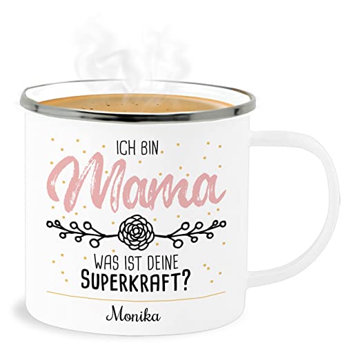 Emaille Becher Blechbecher - Muttertag - Ich bin Mama was ist deine Superkraft - 300 ml - Weiß Silber - muttertagsgeschenke für geschenke mutter mum mütter mutti moms personalisierte mom mami von Geschenk mit Namen personalisiert by Shirtracer