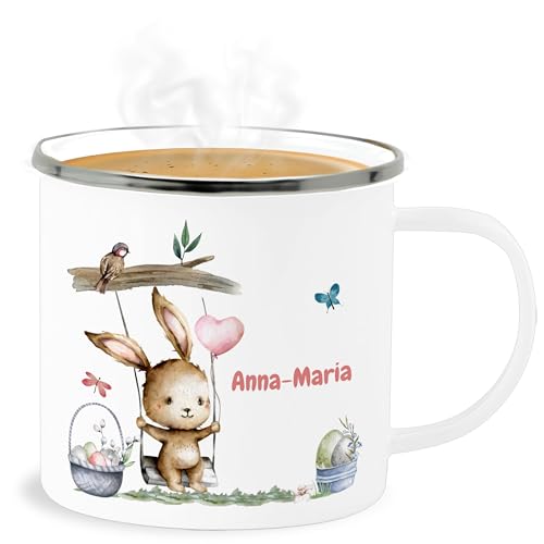 Emaille Becher Blechbecher - Ostergeschenke - Hase Süß Kinder - 300 ml - Weiß Silber - hasen scribble geschenke osterhase easter gifts personalisierte oster zu ostern happy ostegeschenk von Geschenk mit Namen personalisiert by Shirtracer