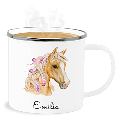 Emaille Becher Blechbecher - Pferd Pferde - Pferdekopf - 300 ml - Weiß Silber - pferdeliebhaber name tasse pferdefan pferdemotiven geschenke für reiterinnen kinder reit sachen von Geschenk mit Namen personalisiert by Shirtracer