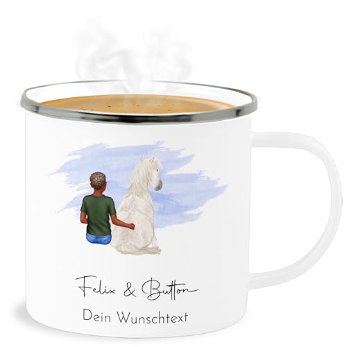 Emaille Becher Blechbecher - Pferd Pferde - Pferdejunge - 300 ml - Weiß Silber - reiter personalisieren tasse geschenke für reiterinnen pferdemotiv und reit sachen mensch von Geschenk mit Namen personalisiert by Shirtracer