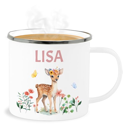 Emaille Becher Blechbecher - Reh mit Name personalisiert I Rehkitz I Rehe - 300 ml - Weiß Silber - tier blumen tasse tiere tieren waldtiere personalisierte kinder geschenke personalisierter von Geschenk mit Namen personalisiert by Shirtracer