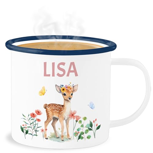 Emaille Becher Blechbecher - Reh mit Name personalisiert I Rehkitz I Rehe - 300 ml - Weiß Blau - tier blumen tasse tiere tieren waldtiere personalisierte kinder geschenke personalisierter von Geschenk mit Namen personalisiert by Shirtracer