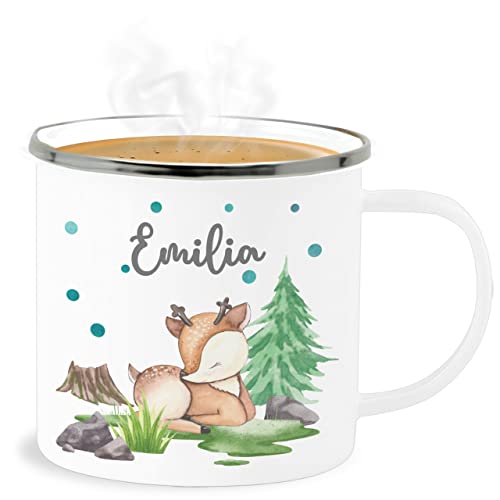 Emaille Becher Blechbecher - Waldtier Reh Rehlein - 300 ml - Weiß Silber - tieren waldtiere tasse personalisierte kinder geschenke name rehkitz tiere tier rehe von Geschenk mit Namen personalisiert by Shirtracer