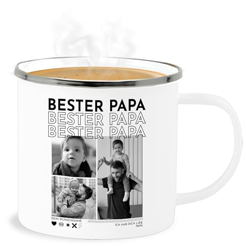 Emaille Becher Blechbecher - Stiefvater Stiefpapa - Geschenk Bester Papa Geschenkidee Fotocollage Geschenk Vatertag I Best Dad Geschenke Geburtstag Vater Geschenkideen Papa - 300 ml - Weiß Silber von Geschenk mit Namen personalisiert by Shirtracer