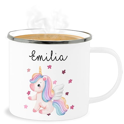 Emaille Becher Blechbecher - Einhörner - Süßes Einhorn Sweet Unicorn - 300 ml - Weiß Silber - personalisierte kinder unicorns tasse einhörnern metalltasse personalisierter trinkbecher name von Geschenk mit Namen personalisiert by Shirtracer