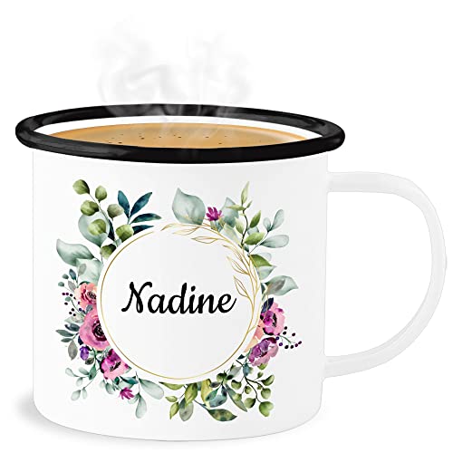 Emaille Becher Blechbecher - Boho - Dein Name in Blumenkranz - 300 ml - Weiß Schwarz - trinktasse kinder bohemian tasse regenbogen kaffeetasse individuell tassen bedrucken blech von Geschenk mit Namen personalisiert by Shirtracer