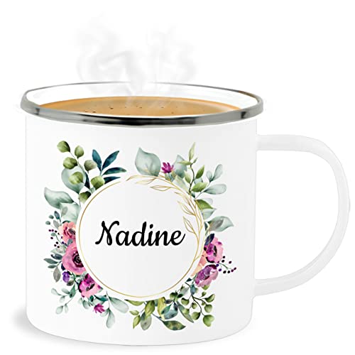 Emaille Becher Blechbecher - Boho - Dein Name in Blumenkranz - 300 ml - Weiß Silber - trinktasse kinder bohemian tasse regenbogen kaffeetasse individuell tassen bedrucken blech von Geschenk mit Namen personalisiert by Shirtracer