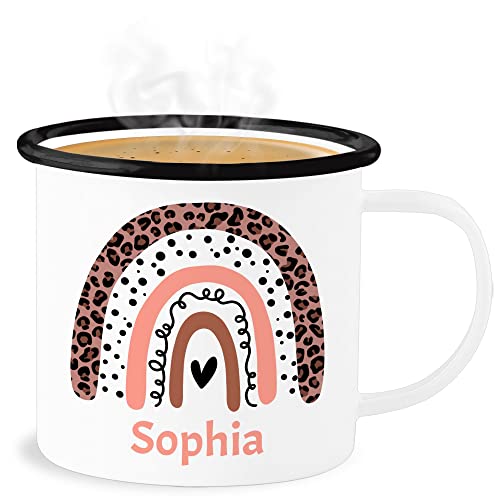 Emaille Becher Blechbecher - Boho - Regenbogen - Name pointilliert Leo - 300 ml - Weiß Schwarz - bohemian chic stil tasse individuell bedrucken personalisierte geschenke schulkind names von Geschenk mit Namen personalisiert by Shirtracer