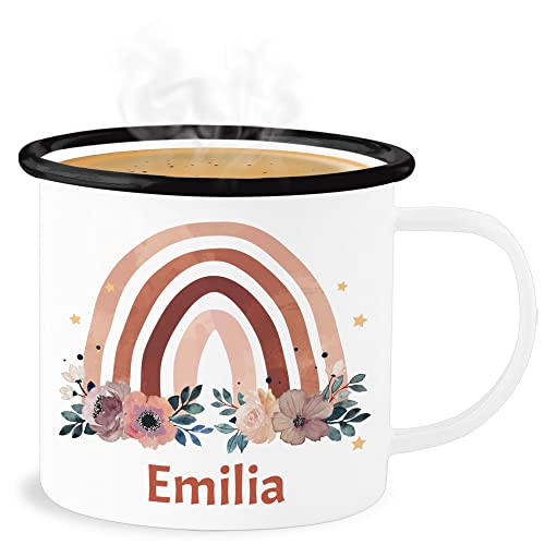 Emaille Becher Blechbecher - Boho - Geschenk Regenbogen mit Name personalisiert I Rainbow - 300 ml - Weiß Schwarz - trinktasse kinder bohemian blume tasse kaffeetasse individuell emilia tassen von Geschenk mit Namen personalisiert by Shirtracer