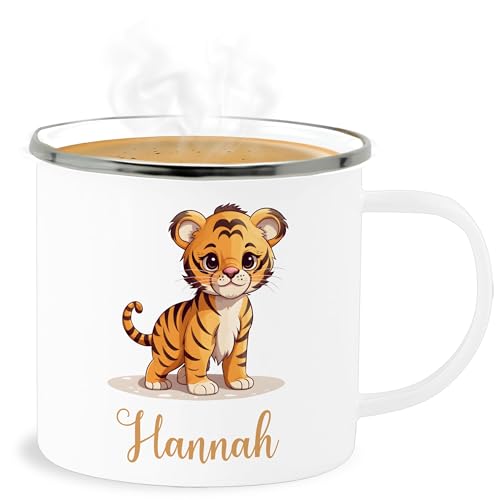 Emaille Becher Blechbecher - Tiger mit Namen - Zootiere Tiermotiv - 300 ml - Weiß Silber - tiger, name und von Geschenk mit Namen personalisiert by Shirtracer