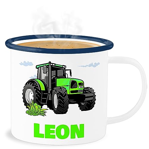 Emaille Becher Blechbecher - Traktor Trecker Zugmaschine Bulldog Schlepper - 300 ml - Weiß Blau - tasse bauern kinder traktorfahrer personalisierte träcker trinkbecher traktormotiv name und von Geschenk mit Namen personalisiert by Shirtracer