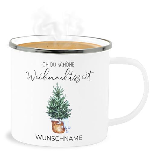 Emaille Becher Blechbecher - Weihnachten Weihnachtstasse - Oh du schöne Weihnachtszeit - Wunschname - 300 ml - Weiß Silber - personalisierte weihnachtstassen weihnachtsmotiv tasse name von Geschenk mit Namen personalisiert by Shirtracer