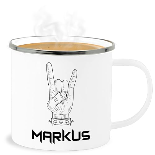 Emaille Becher Blechbecher - & - Heavy Metal Handzeichen Pommesgabel mit Name personalisiert I Metalhead Geschenk Metal Fan I Rockiges Geschenk Rock Fan I Rocker - 300 ml - Weiß Silber von Geschenk mit Namen personalisiert by Shirtracer