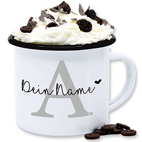 Emaille Tasse Blechtasse - Anfangsbuchstabe - Buchstabe Name anpassbar Herzchen - 300 ml - Weiß Schwarz - geschenke anpassbare buchstaben a tassen anfangsbuchstaben bruchsicher initialen blech von Geschenk mit Namen personalisiert by Shirtracer