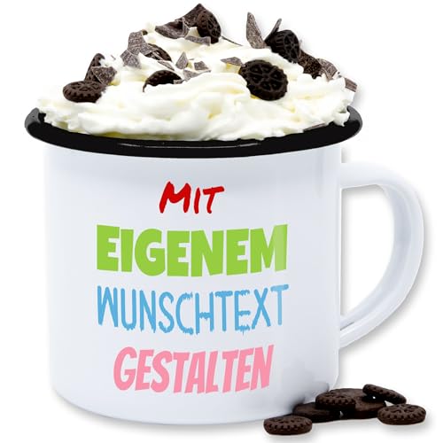 Emaille Tasse Blechtasse - Aufdruck selbst gestalten - Wunschtext - 300 ml - Weiß Schwarz - tassen personalisieren personalisierte namenstasse 4 zeilen bedrucken personalisierter zum von Geschenk mit Namen personalisiert by Shirtracer