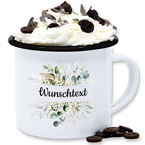 Emaille Tasse Blechtasse - Aufdruck selbst gestalten - Wunschtext Text I eigener Text - 300 ml - Weiß Schwarz - tassen personalisieren personalisierte blumen becher namenstasse 4 zeilen flowers von Geschenk mit Namen personalisiert by Shirtracer