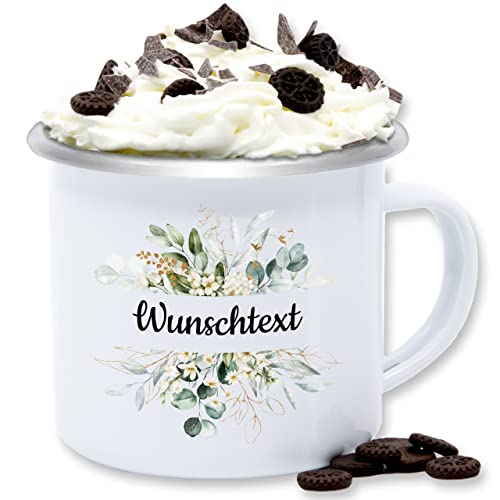 Emaille Tasse Blechtasse - Aufdruck selbst gestalten - Wunschtext Text - 300 ml - Weiß Silber - personalisiertes tassen camping name kindergarten bedrucken personalisierte kita beschriften von Geschenk mit Namen personalisiert by Shirtracer