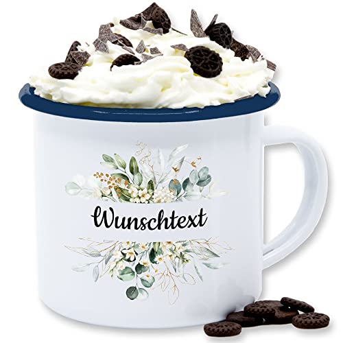 Emaille Tasse Blechtasse - Aufdruck selbst gestalten - Wunschtext Text I eigener Text - 300 ml - Weiß Blau - tassen personalisieren personalisierte blumen becher namenstasse 4 zeilen flowers von Geschenk mit Namen personalisiert by Shirtracer