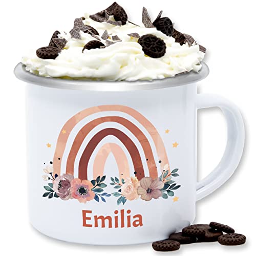 Emaille Tasse Blechtasse - Boho - Geschenk Regenbogen mit Name personalisiert I Rainbow - 300 ml - Weiß Silber - personalisierte tassen bohemian blume kaffeetasse custom mug individuell emilia von Geschenk mit Namen personalisiert by Shirtracer