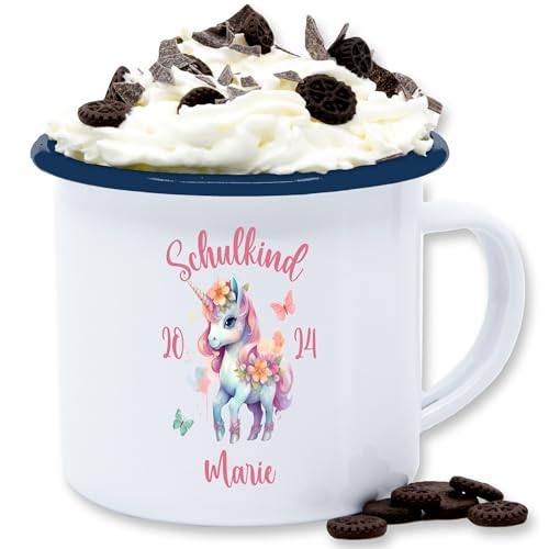 Emaille Tasse Blechtasse - Einschulung Schulanfang - Schulkind 2024 Einhorn Unicorn - 300 ml - Weiß Blau - name schule trinkbecher einschulungs personalisierte schuleinführung schulstart von Geschenk mit Namen personalisiert by Shirtracer