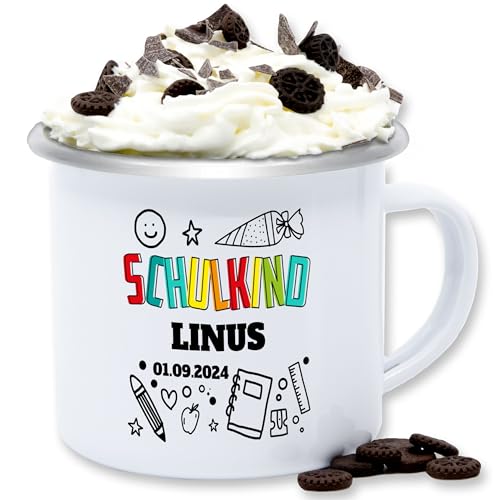 Emaille Tasse Blechtasse - Einschulung Schulanfang - Schulkind Scribble - 300 ml - Weiß Silber - name schulanfänger trinkbecher schule schulkinder personalisierte einschulungs schuleinführung von Geschenk mit Namen personalisiert by Shirtracer