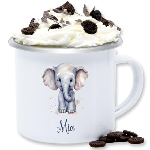 Emaille Tasse Blechtasse - Zootiere - Elefant Dickhäuter Grauer Riese Rüsseltier - 300 ml - Weiß Silber - elefanten geschenke elephant und name elefantenmotiv von Geschenk mit Namen personalisiert by Shirtracer