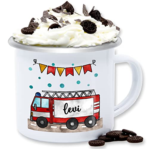 Emaille Tasse Blechtasse - Feuerwehr - Feuerwehrauto - Geschenk - 300 ml - Weiß Silber - feuerwehrgeschenk name becher feuerwehrmann personalisierte feuerwehrfrau girlande blechtassen geschenke von Geschenk mit Namen personalisiert by Shirtracer