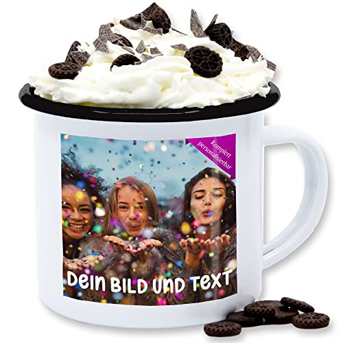 Emaille Tasse Blechtasse - Foto eigenem Bild - Fotogeschenk - 300 ml - Weiß Schwarz - bilder selbst drucken beschriften tassen selber gestalten muttertagsgeschenke becher personalisiertes mein von Geschenk mit Namen personalisiert by Shirtracer