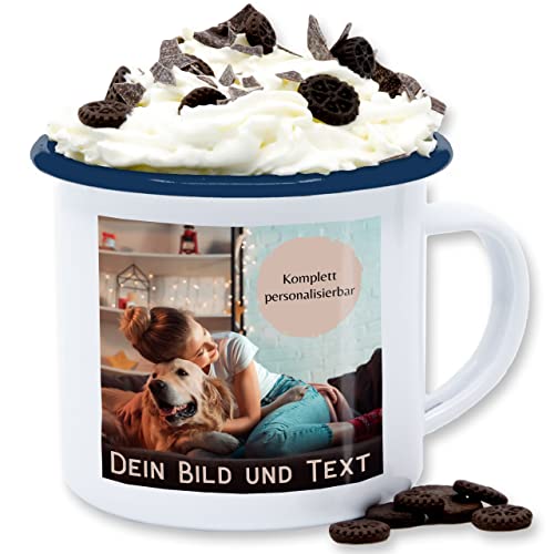 Emaille Tasse Blechtasse - eigenem - Foto Bild Geschenk - 300 ml - Weiß Blau - with your own photo and text selbst gestalten und selber bedrucken eigener bilder drucken fotogeschenke individuell von Geschenk mit Namen personalisiert by Shirtracer