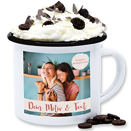 Emaille Tasse Blechtasse - eigenem - Foto Bild - 300 ml - Weiß Schwarz - bedrucken lassen bilder selbst drucken textfeld tassen selber gestalten muttertag personalisiertes eigene fotos von Geschenk mit Namen personalisiert by Shirtracer