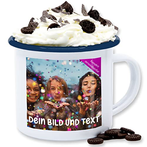 Emaille Tasse Blechtasse - Foto eigenem Bild - Fotogeschenk - 300 ml - Weiß Blau - selber bedrucken selbst gestalten blech drucken bilder drucker fotogeschenke individuell eigenen druck custom von Geschenk mit Namen personalisiert by Shirtracer