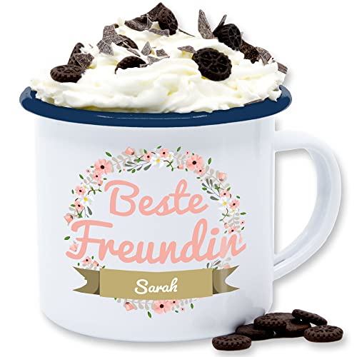 Emaille Tasse Blechtasse - Beste Freundin - Boho Blumenkranz mit Name rosa - 300 ml - Weiß Blau - geschenke für freundinnen personalisierte frauen gute die best friends partner weihnachtsgeschenke von Geschenk mit Namen personalisiert by Shirtracer