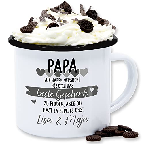 Emaille Tasse Blechtasse - zum Vatertag - Papa wir haben versucht für Dich das tollste Geschenk zu finden - 300 ml - Weiß Schwarz - personalisierte vatertagsgeschenk vater vatertagsgeschenke von Geschenk mit Namen personalisiert by Shirtracer