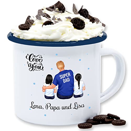 Emaille Tasse Blechtasse - zum Vatertag - Super Papa zwei Kinder I Bester Papa Geschenk Geburtstag - 300 ml - Weiß Blau - personalisierte geschenke vater personalisiertes vatertagsgeschenk papa... von Geschenk mit Namen personalisiert by Shirtracer