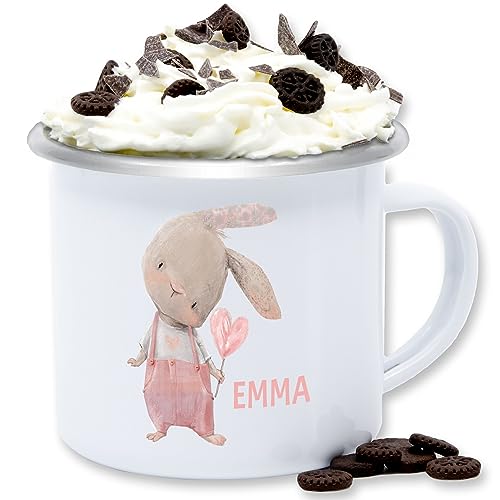 Emaille Tasse Blechtasse - Mädchen Hase Rabbit Häschen Langohr Süße Hasen - 300 ml - Weiß Silber - hasenmotiv osterhasen name osterhase für hasenliebhaber ostern personalisierte geschenke von Geschenk mit Namen personalisiert by Shirtracer